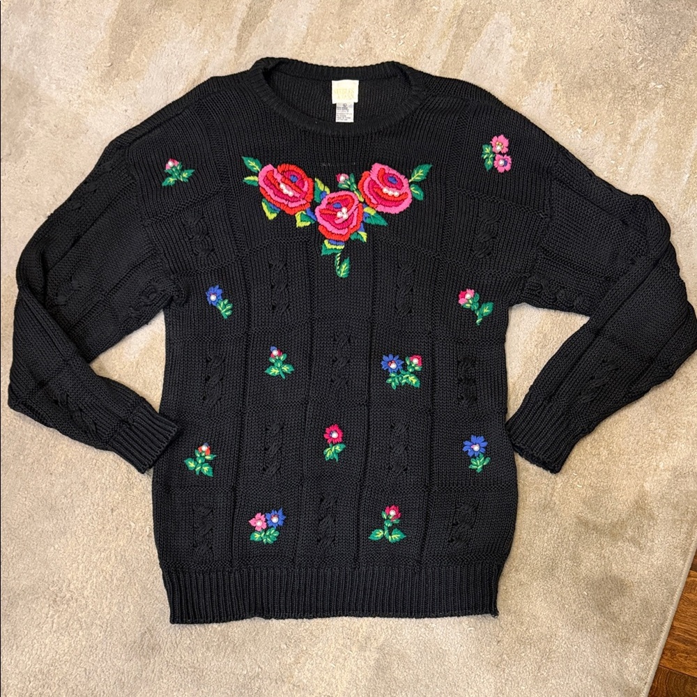 Needles & Yarn Elegant Black Sweater with Floral Embroidery size L